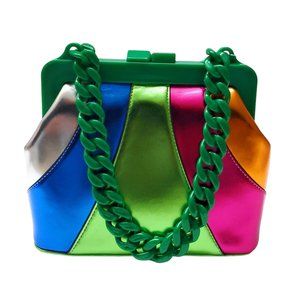 Valmiera Rainbow Striped Faux Leather Crossbody Bag (Green Chain)